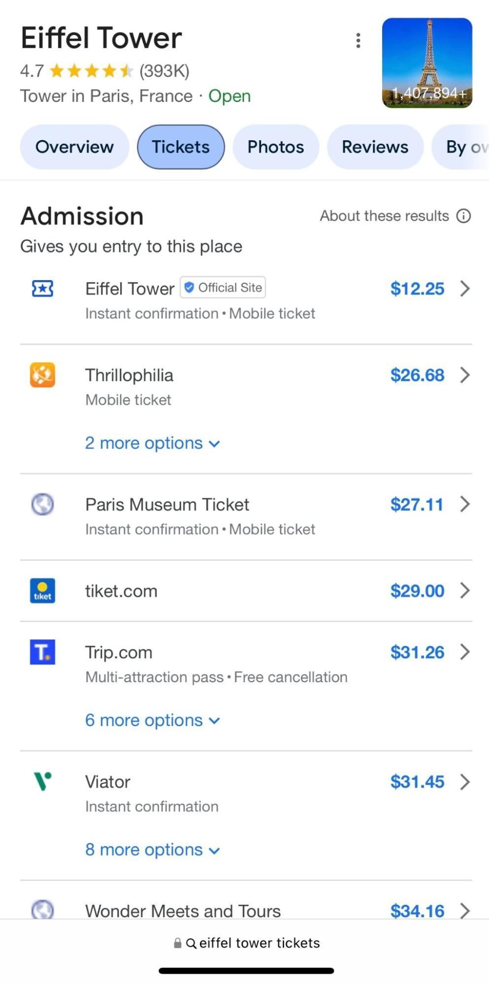Eiffel Tower Ticket pricing in Google search