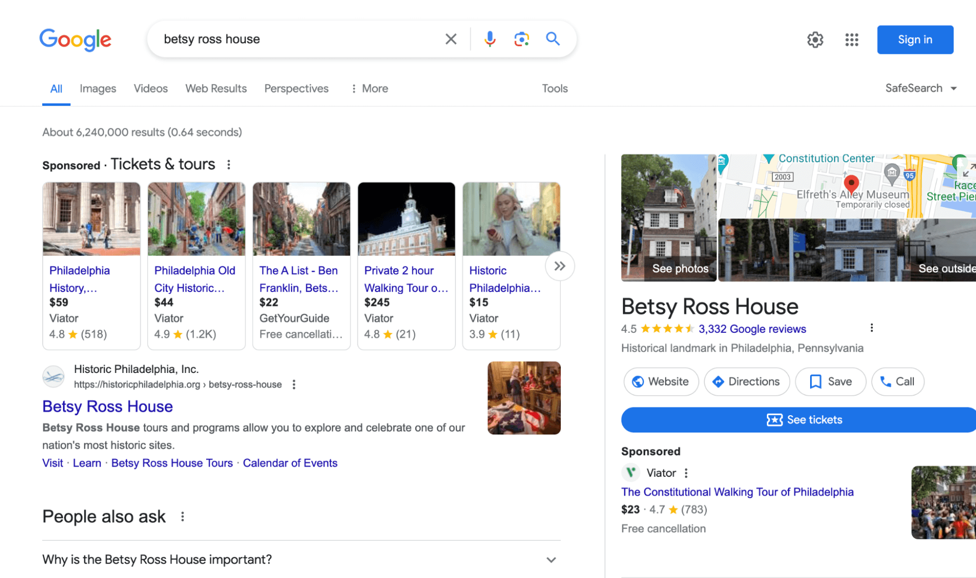 Google search for Betsy Ross house
