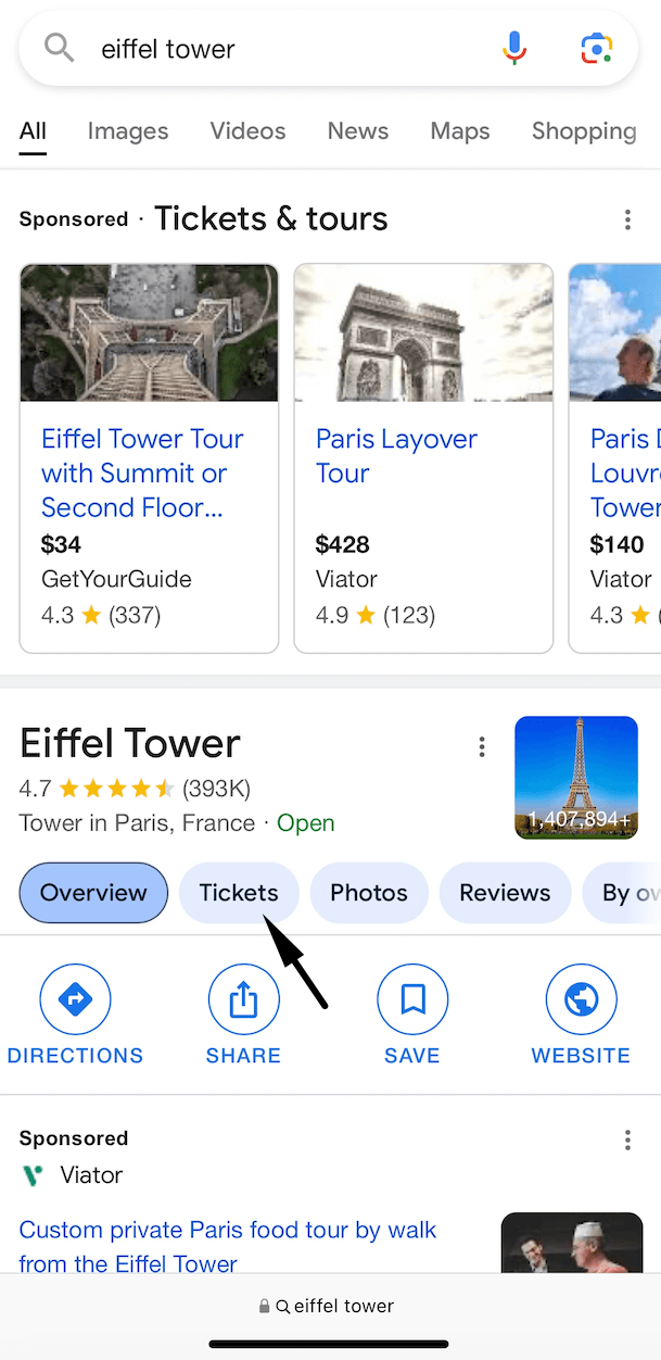 Google search example for Eiffel Tower with tickets