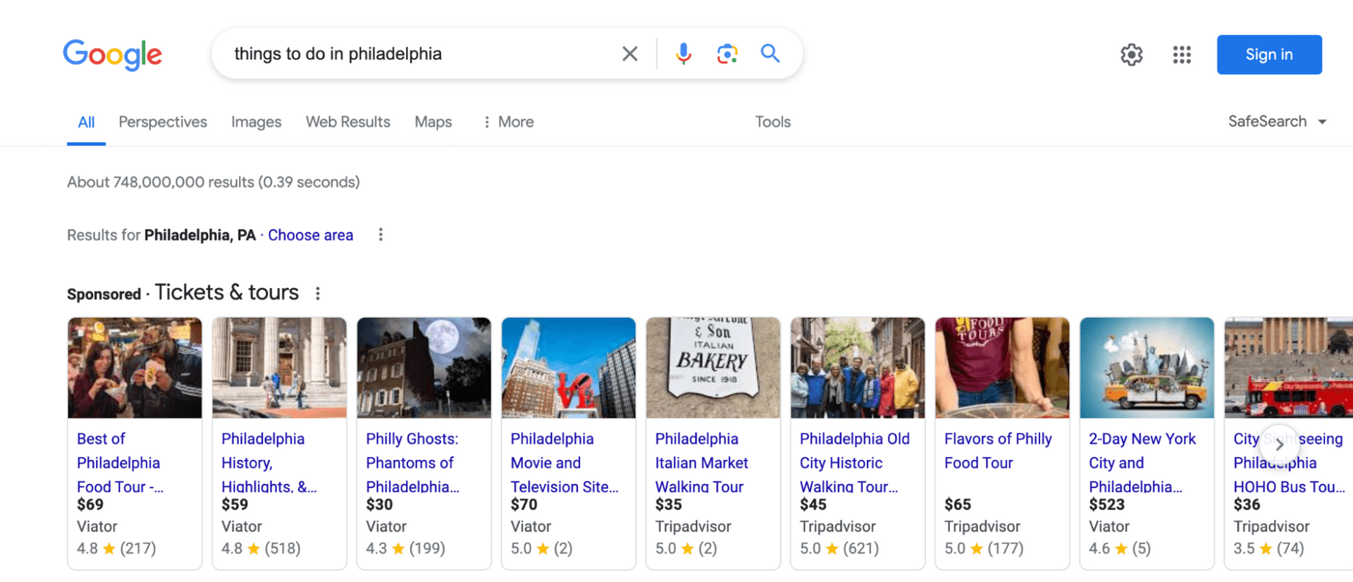 Google search for things to do in Philadelphia