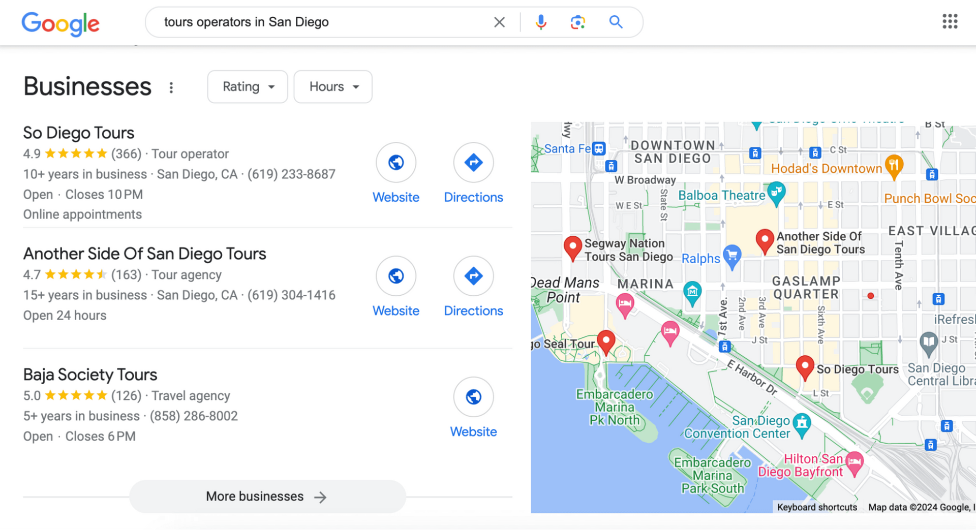Google search example for tour operators in San Diego