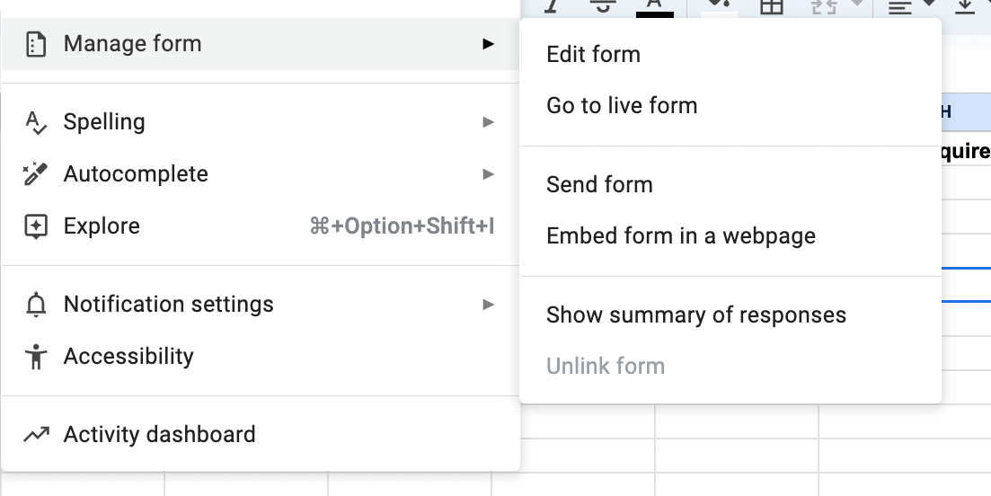 Google Sheets: Manage form settings