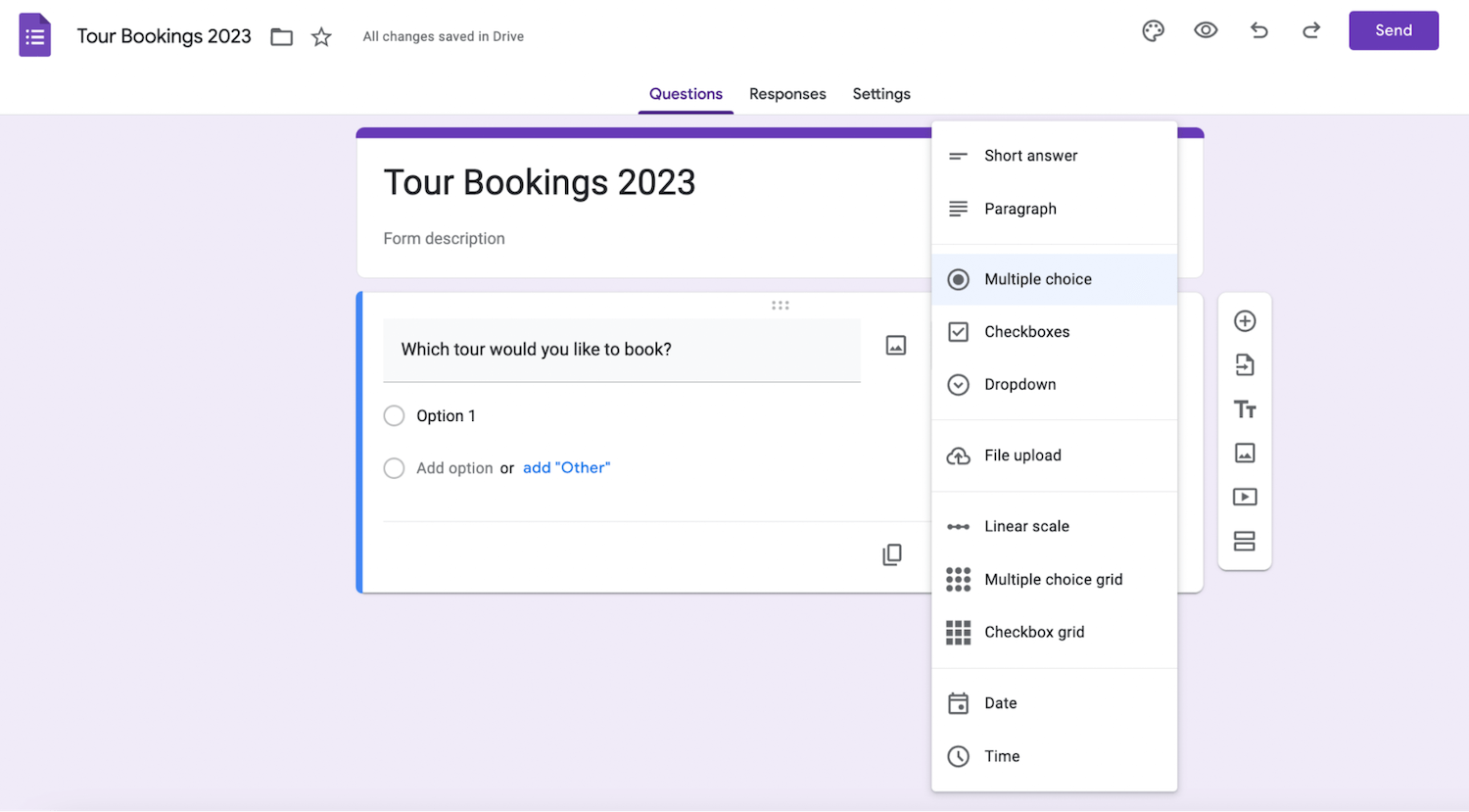 Google Sheets: Tour Bookings form description