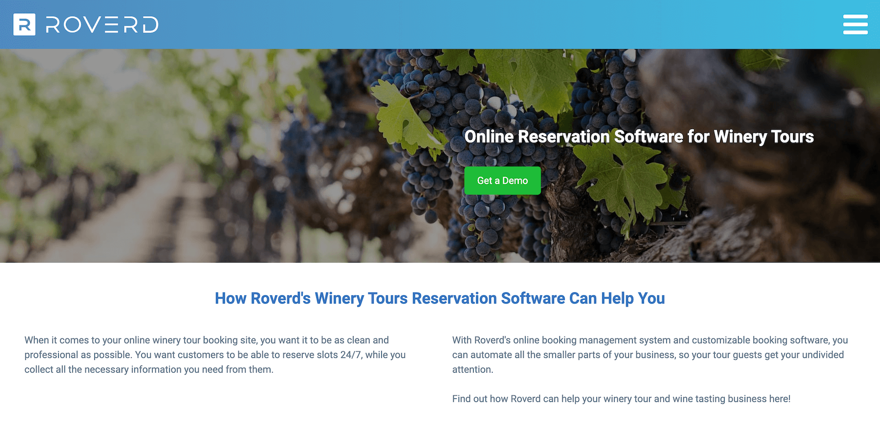 Roverd homepage: Online Reservation Software for Winery Tours