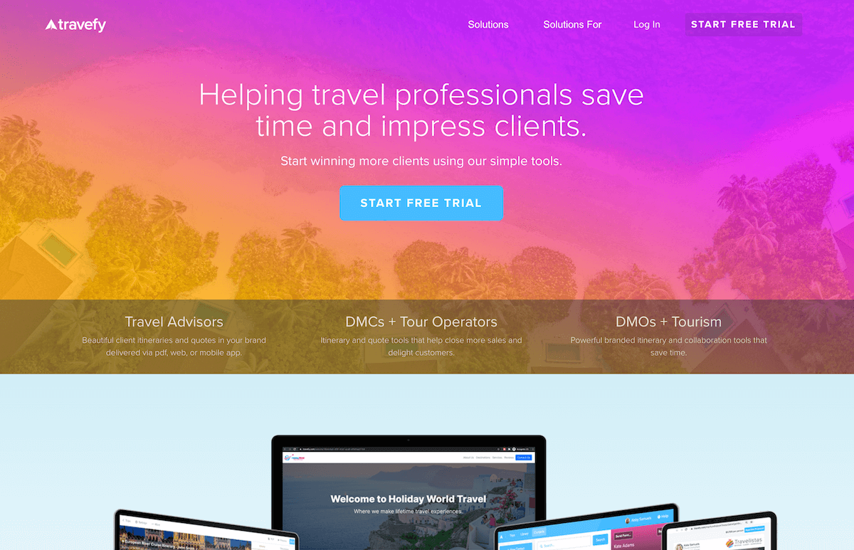 Travefy homepage: Helping travel professionals save time and impress clients.