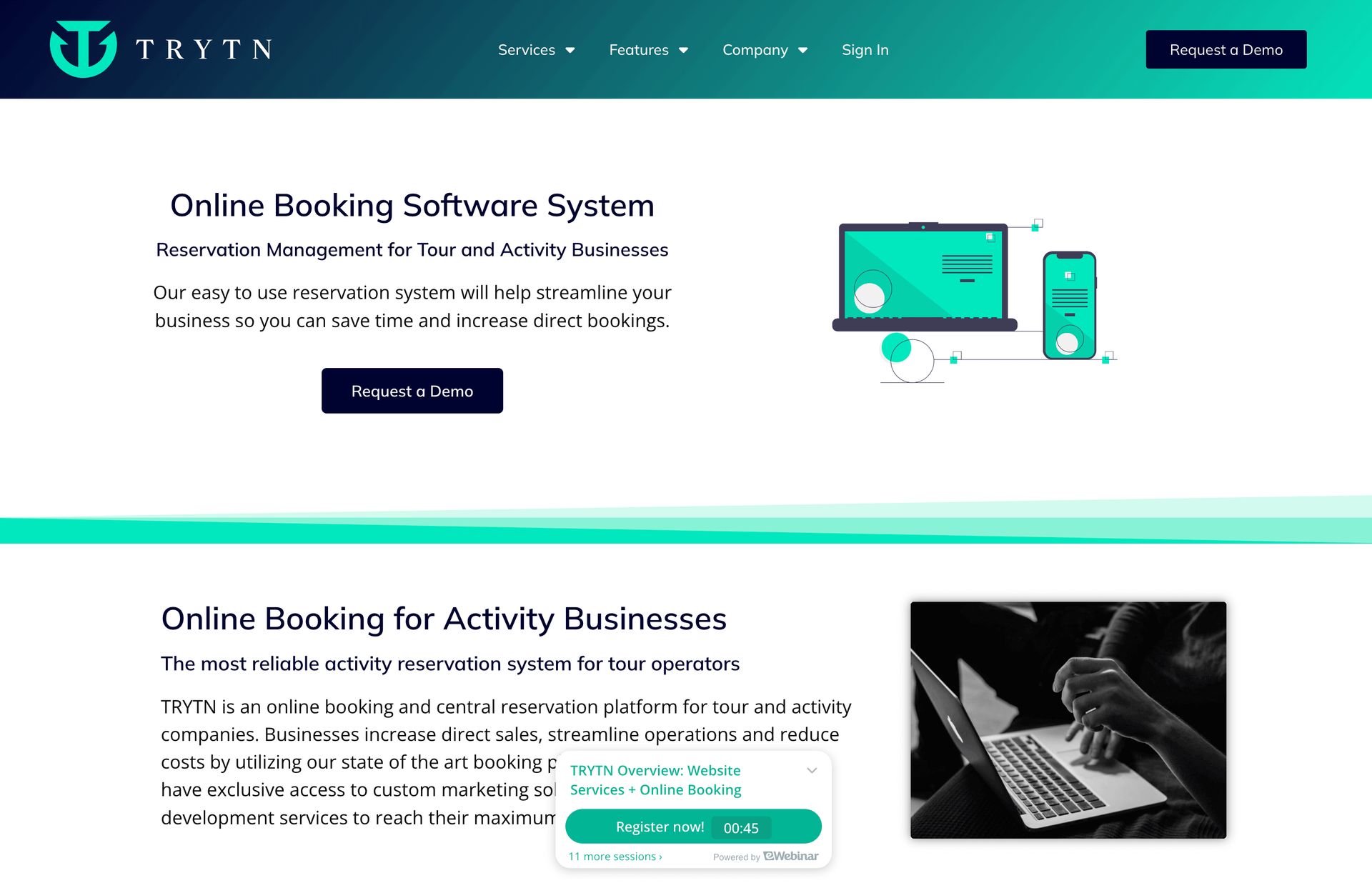 Trytn homepage: Online Booking Software System