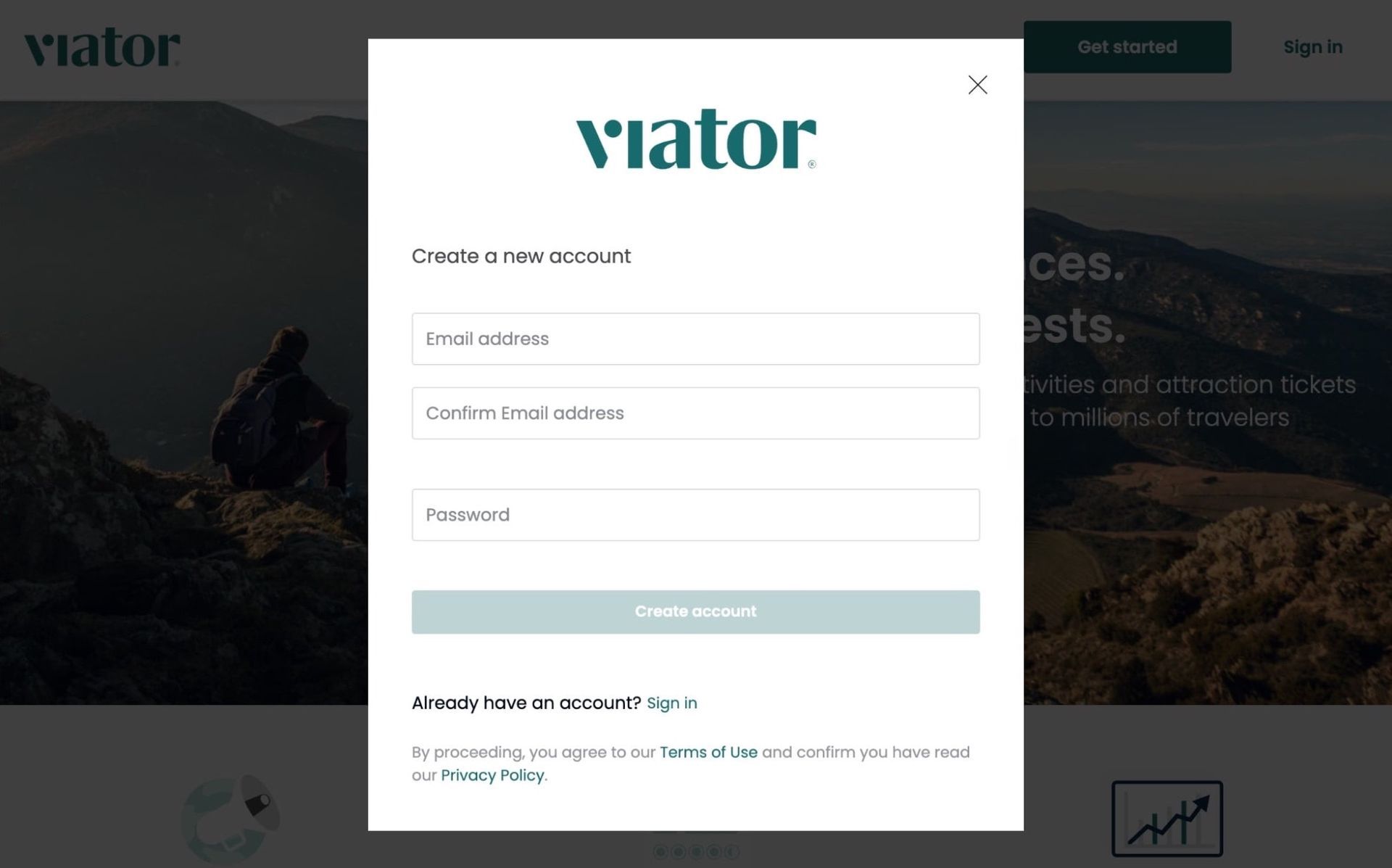 Create a new account on Viator