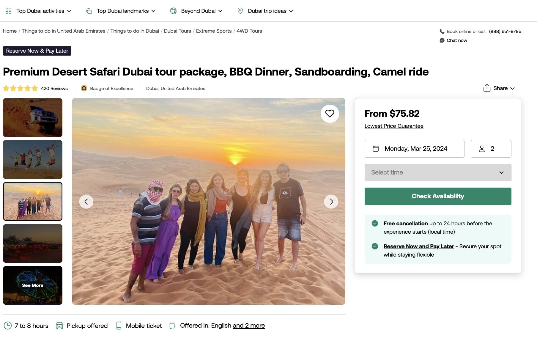 Viator tour example: Premium Desert Safari Dubai tour package, BBQ Dinner, Sandboarding, Camel ride