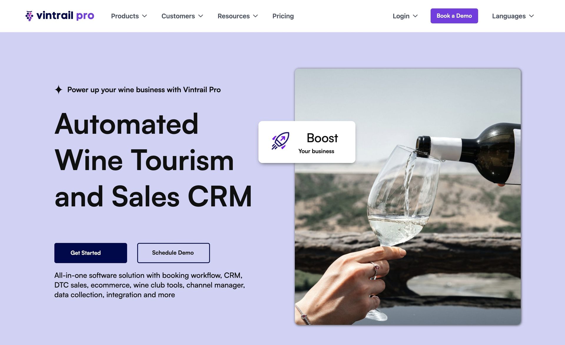 Vintrail Pro homepage: Automated Wine Tourism and Sales CRM