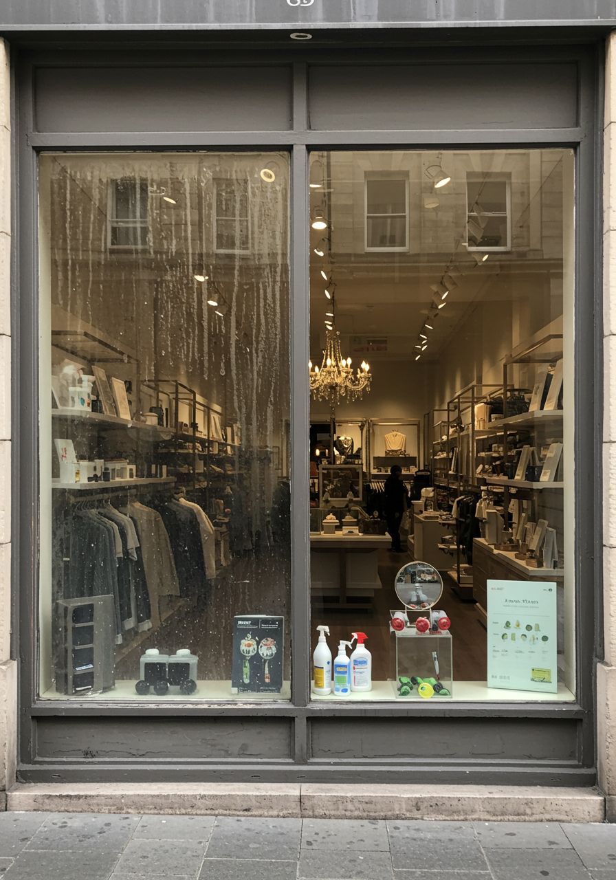 A store front with a window display of clothes and shoes