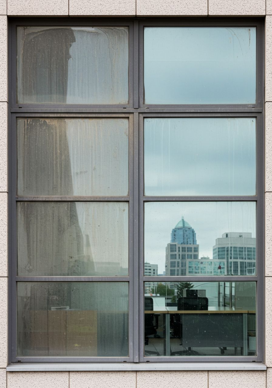 A window on a building with a view of a city