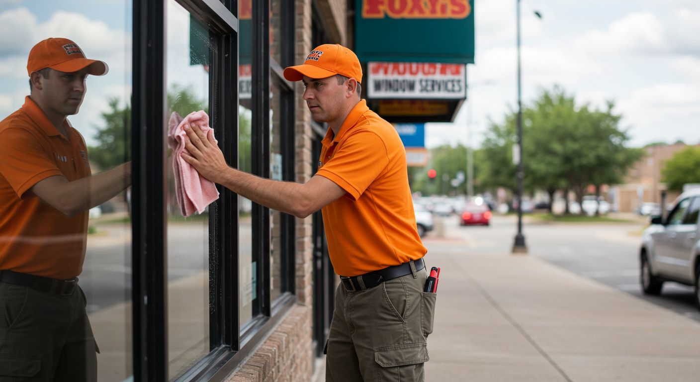 A man in an orange shirt is cleaning a window with a cloth.
