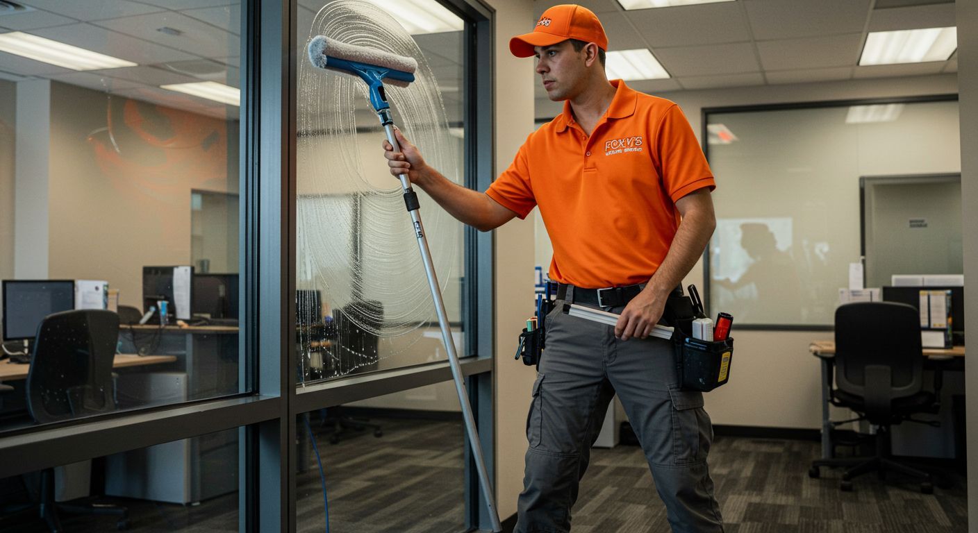 A man in an orange shirt is cleaning a window in an office.