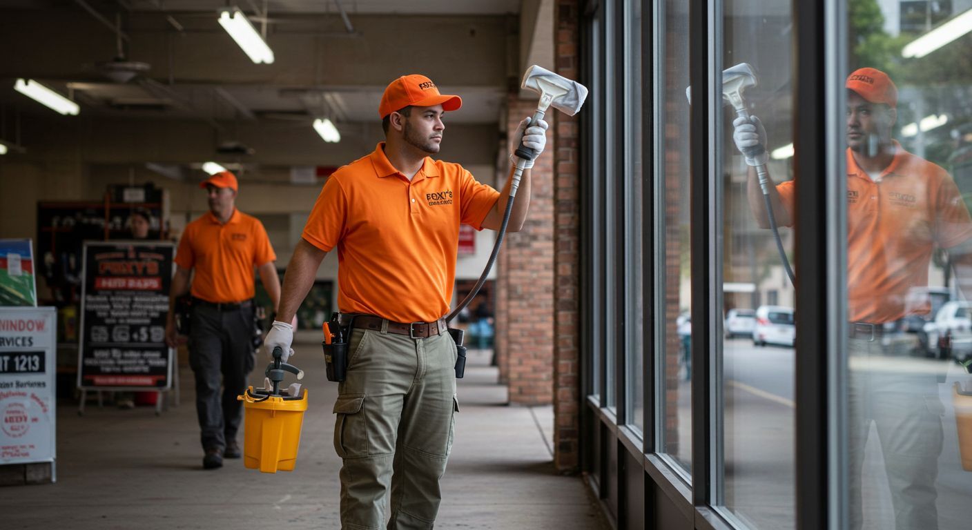 A man is cleaning a window with a mop in a store.
