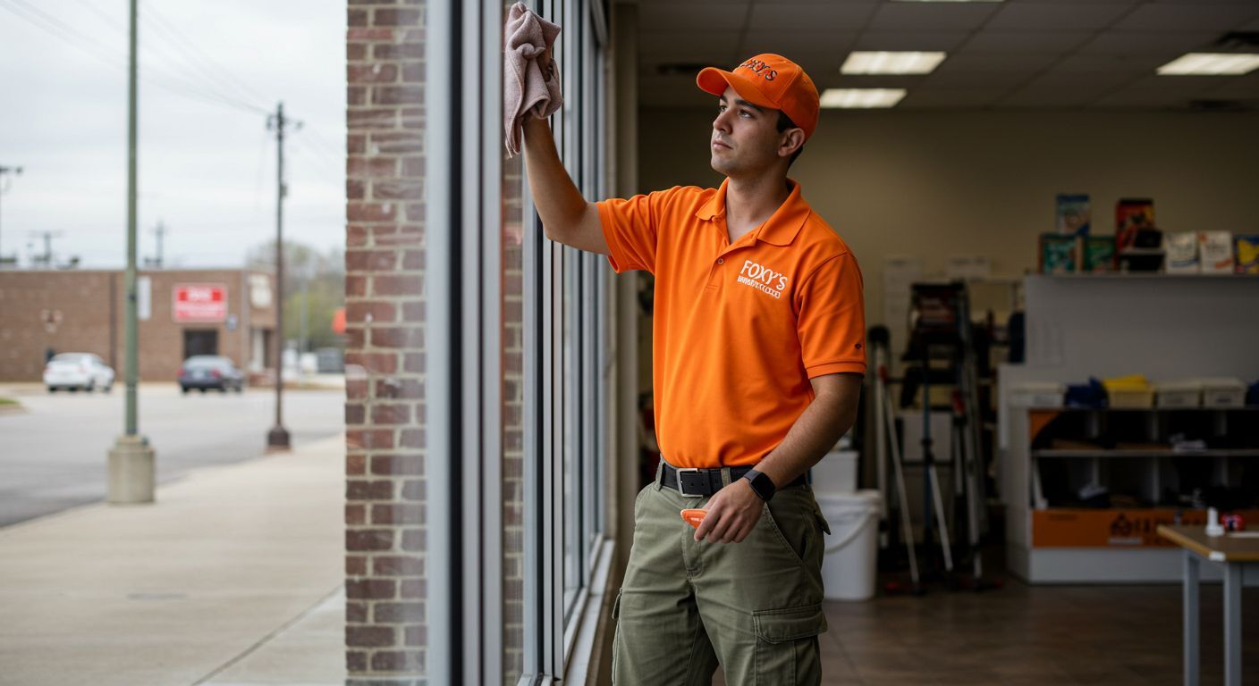 A man in an orange shirt is cleaning a window with a cloth.