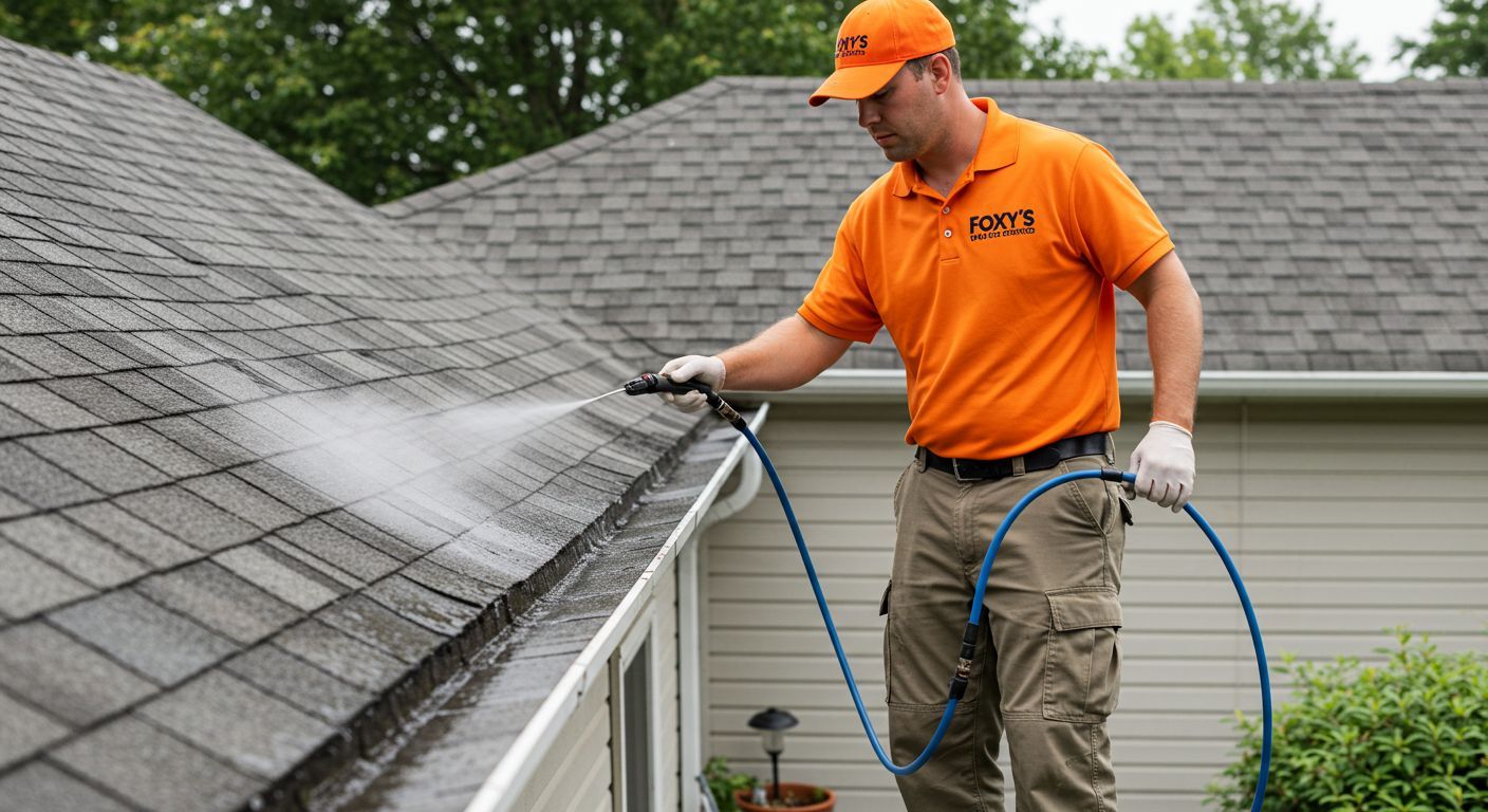 A man is cleaning the gutters of a house with a pressure washer.