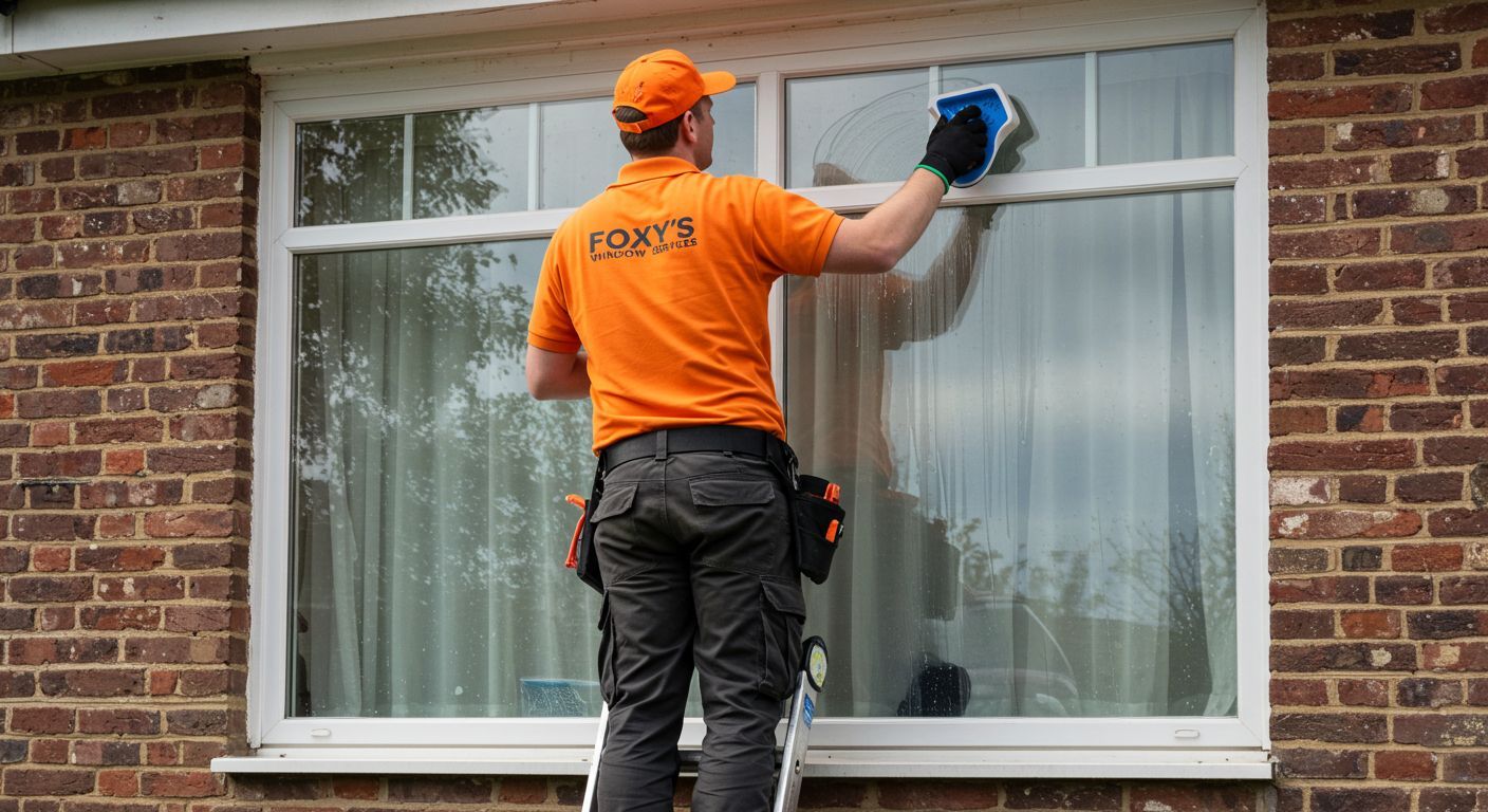 A man is standing on a ladder cleaning a window.