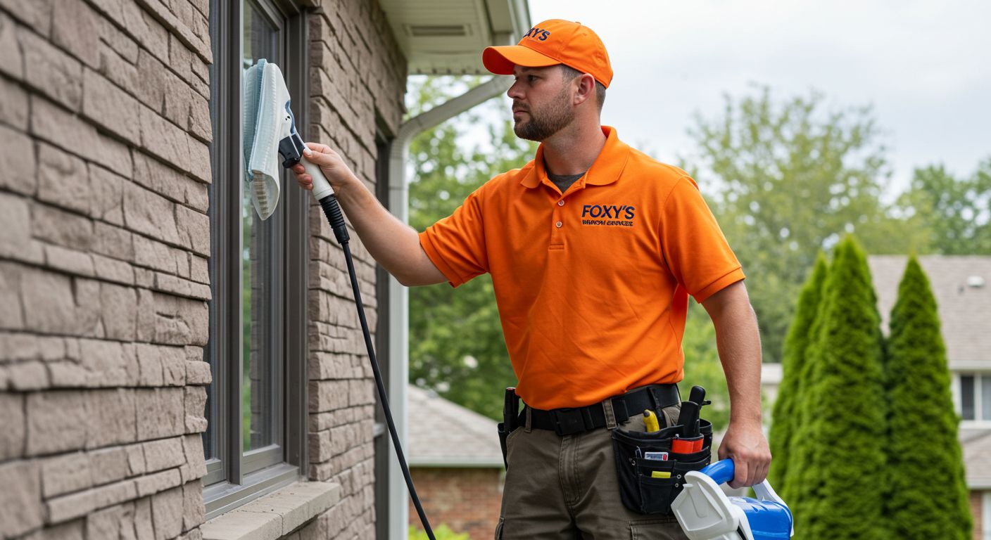 A man in an orange shirt is cleaning a window with a mop.