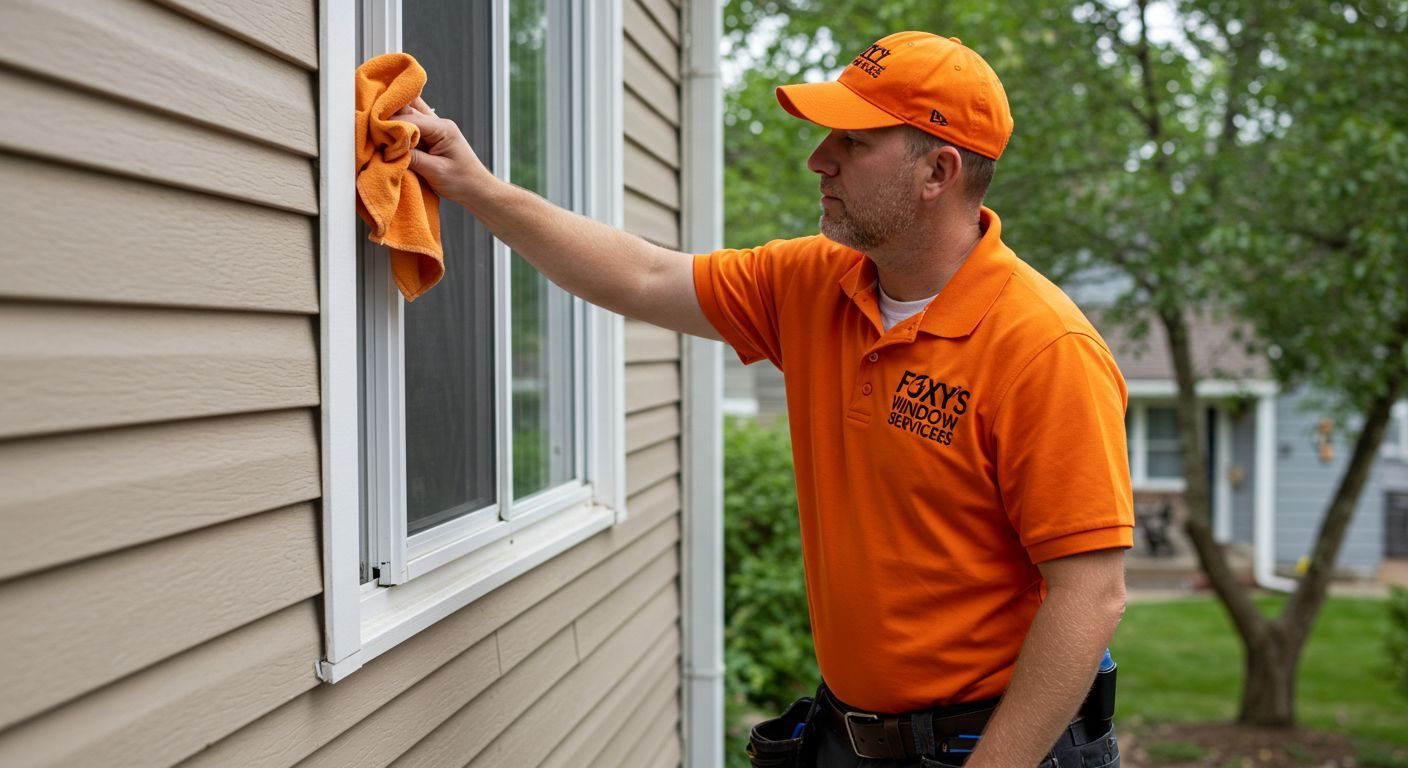 A man in an orange shirt is cleaning a window with an orange cloth.
