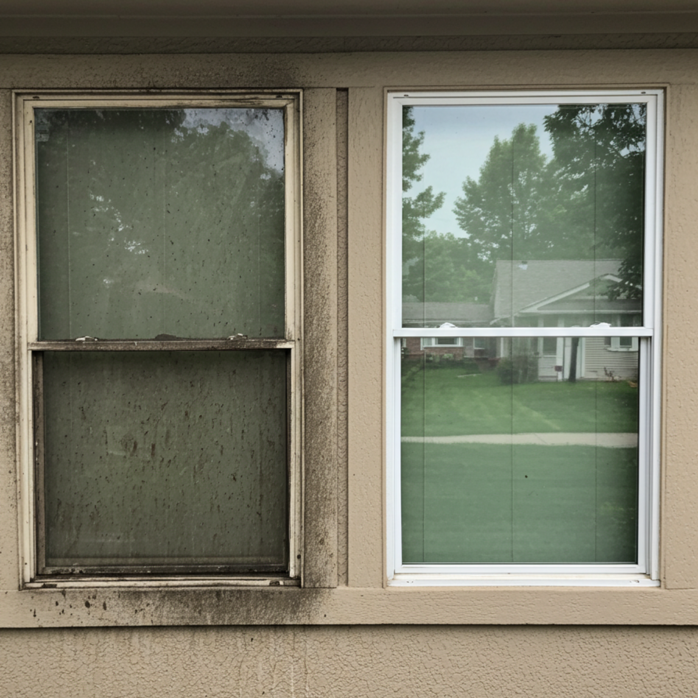 A house with two windows , one of which is dirty and needs to be cleaned.