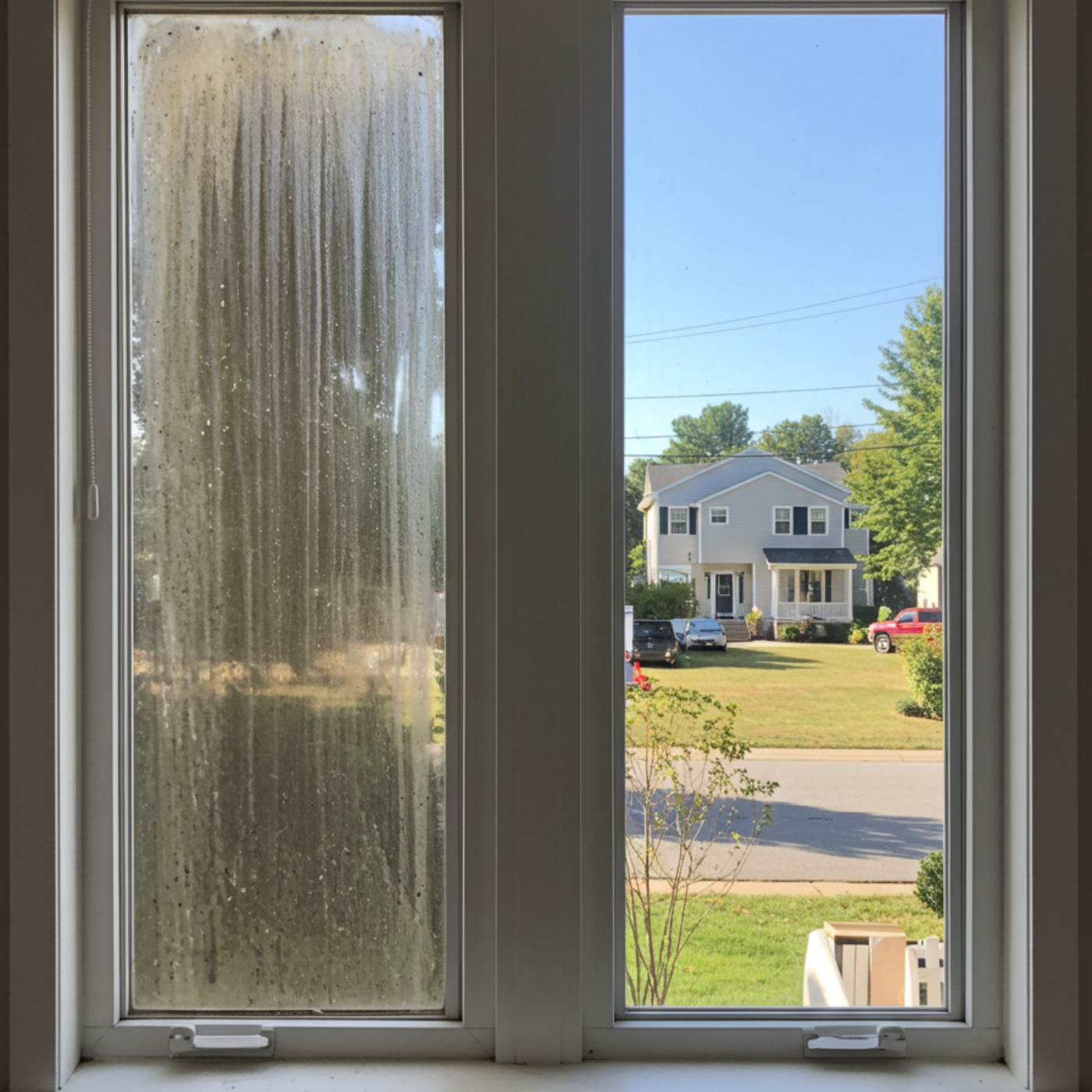 A window with a lot of condensation on it and a house in the background