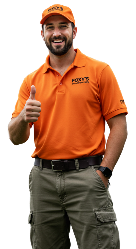 A man in an orange polo shirt is giving a thumbs up