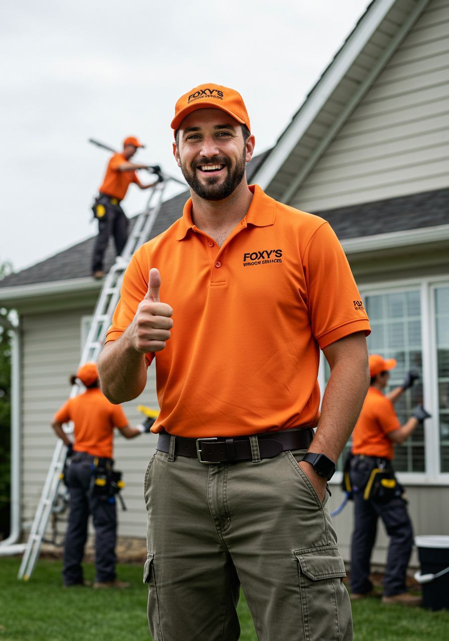 A man in an orange shirt is giving a thumbs up in front of a house.