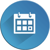 Un'icona del calendario in un cerchio blu con una lunga ombra.