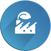 Un cerchio blu con l'icona bianca di una fabbrica da cui esce una foglia.