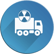 Un cerchio blu con un camion e un simbolo nucleare.