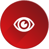 Un'icona a forma di occhio bianco in un cerchio rosso con una lunga ombra.