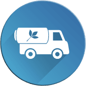 Un camion bianco con una foglia sul retro si trova in un cerchio blu.