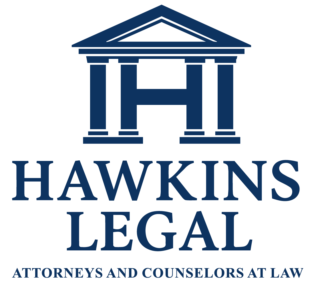 Hawkins Legal logo: Blue courthouse icon over