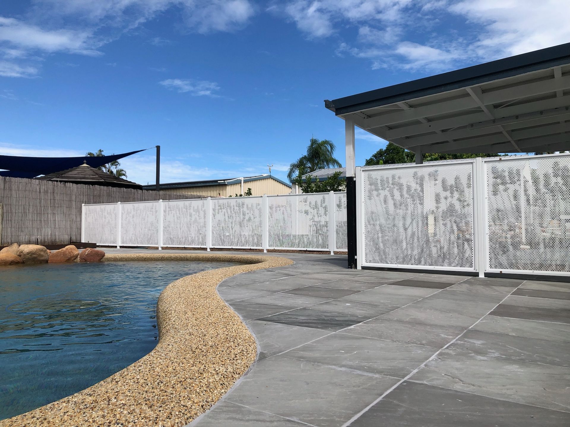 Poolside Scene With White Decorative Fence — Lifestyle Aluminium Lattice in West End, QLD