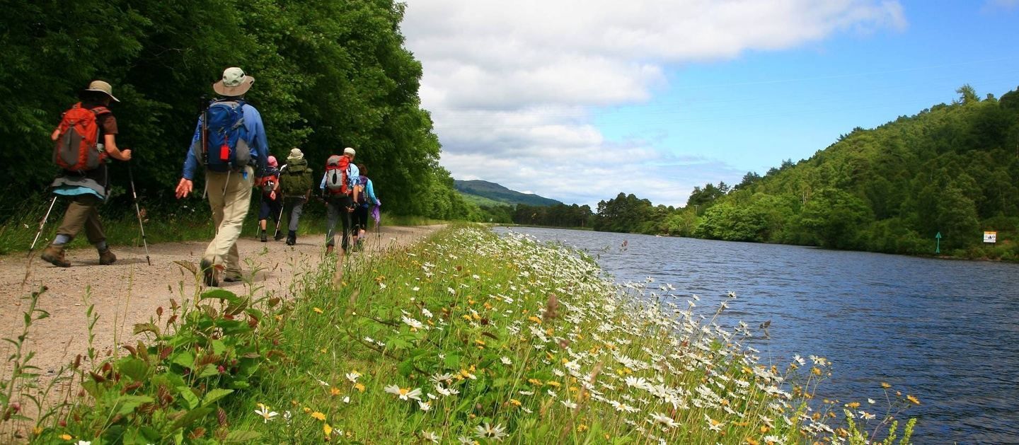 Hikers walk along a dirt path beside a river on a sunny day.