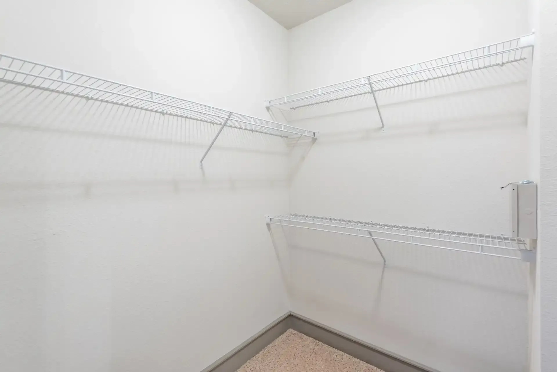 A walk in closet with lots of shelves and a rug at Marquis Seven Lakes offers pet-friendly apartments for rent in Katy, TX.