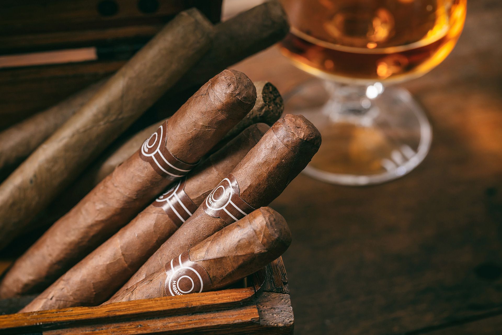 Cigars closeup on wooden desk, blur glass of brandy