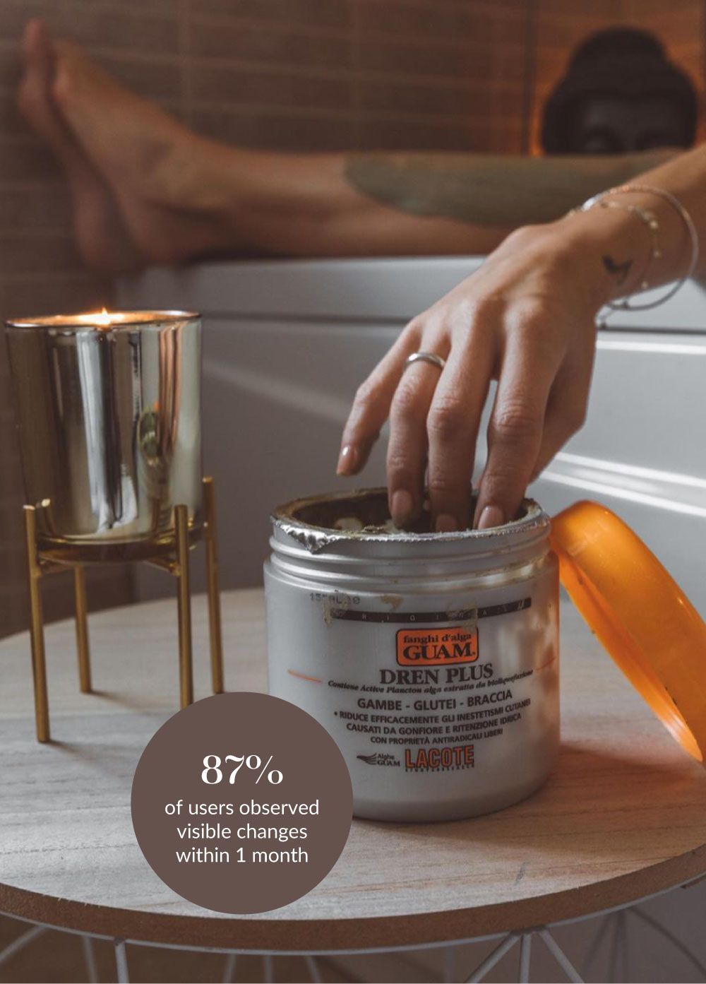 Woman reaching for Guam mud while in the bath. With circle overtop with the following copy: