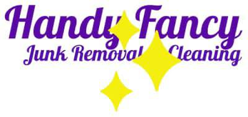 "Handy Fancy" logo with purple script and yellow sparkle icons; text below reads "Junk Removal Cleaning."