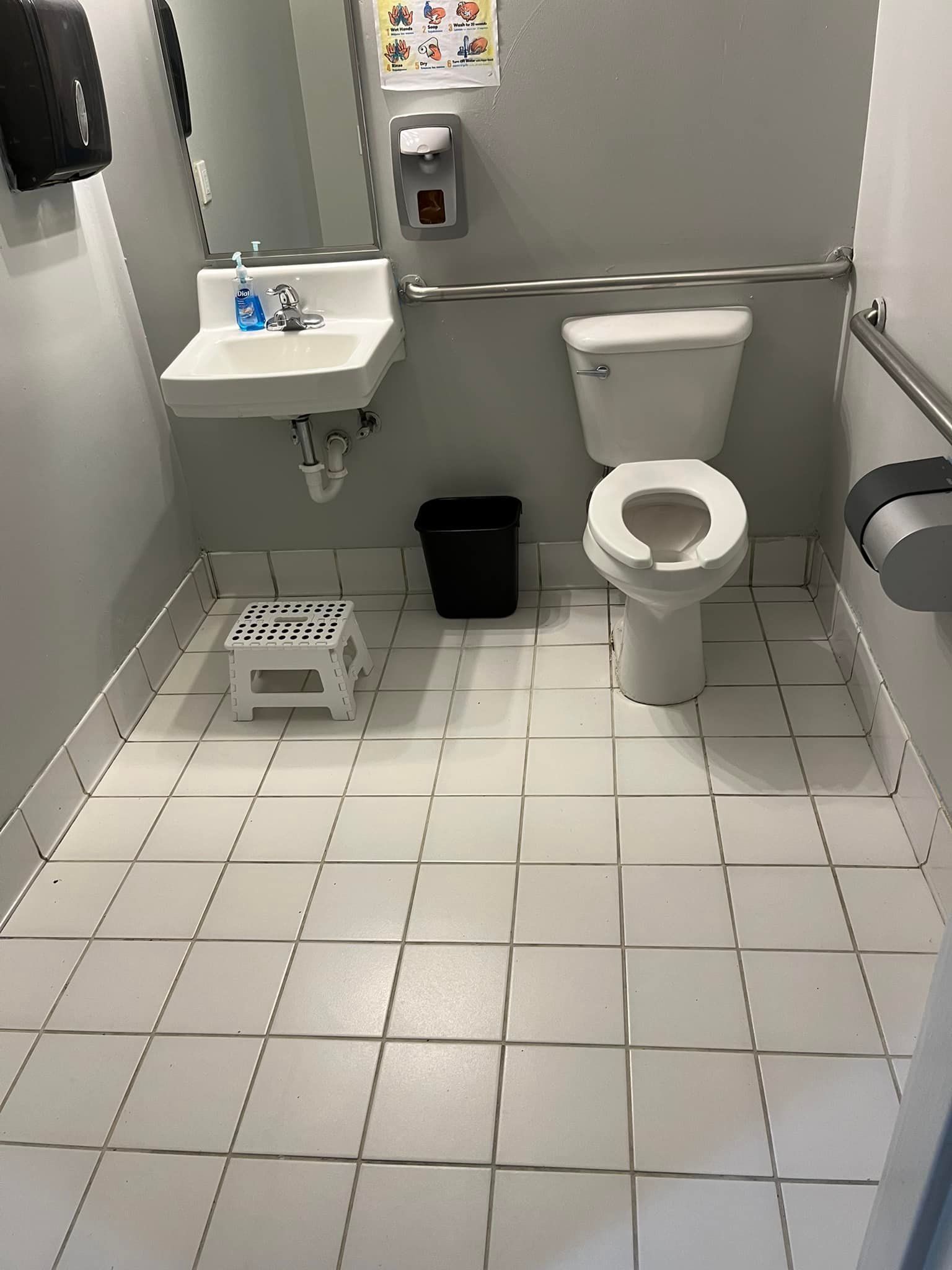 A small, accessible bathroom with a sink, toilet, handrails, step stool, and trash can.