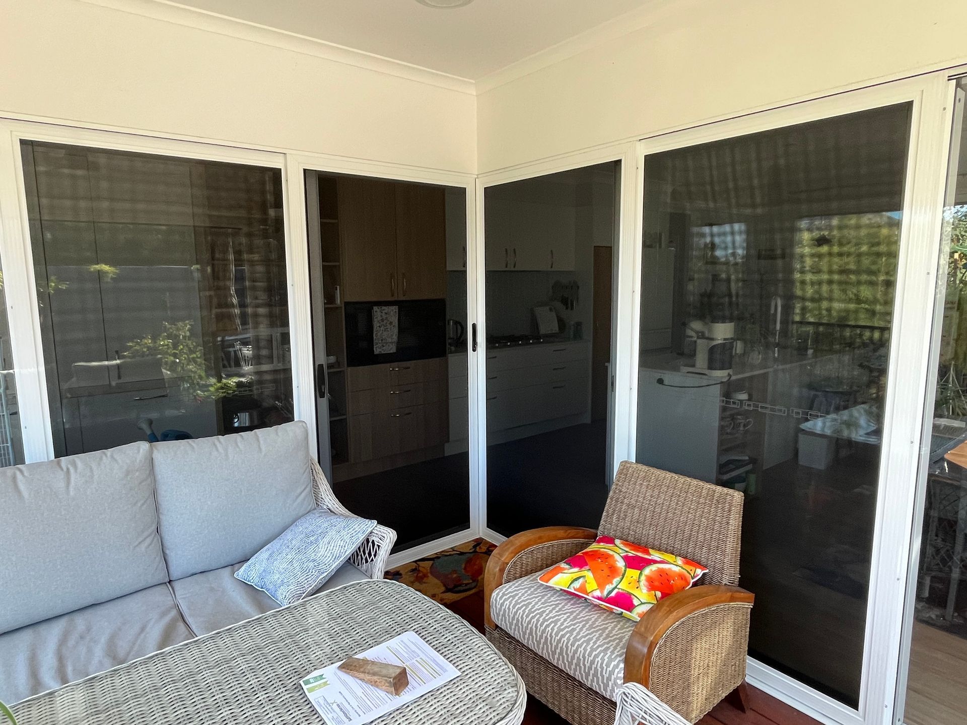Secureview stainless steel sliding security doors on the alfresco entertaining area of a house