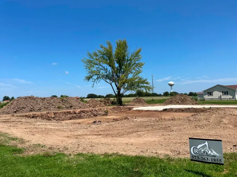 A tree is standing in the middle of a dirt field next to a sign.