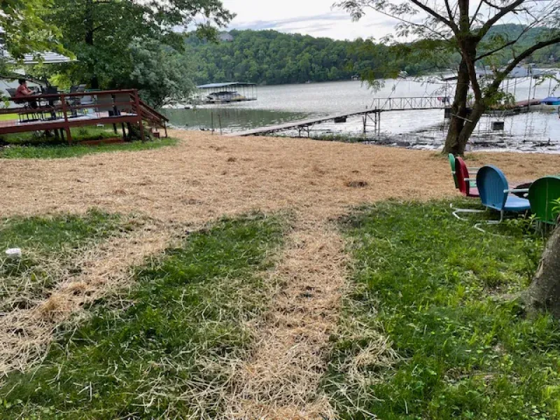 A sandy beach with chairs and a dock in the background.