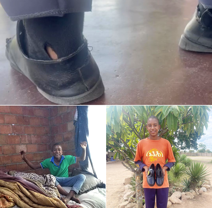 A collage of photos shows a person holding a pair of shoes