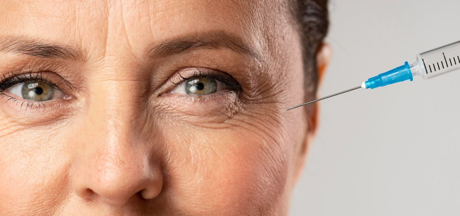 A woman is getting a botox injection in her eye.