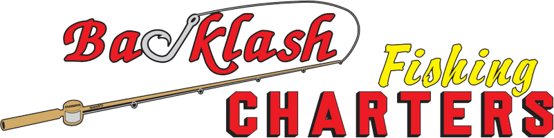 A logo for backlash fishing charters with a fishing rod
