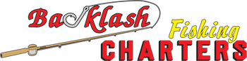 A logo for backlash fishing charters with a fishing rod