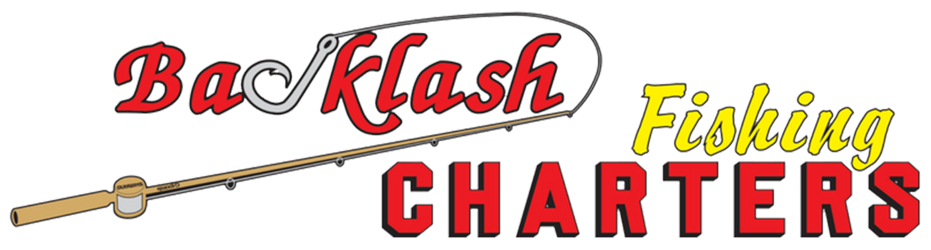A logo for backlash fishing charters with a fishing rod