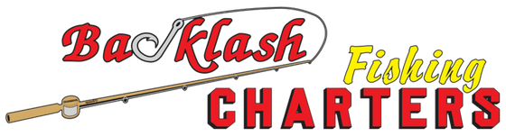 A logo for backlash fishing charters with a fishing rod