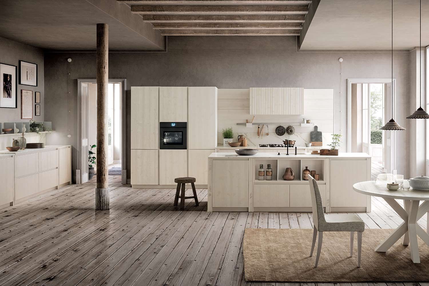 Cucina moderna con mobili in legno chiaro, isola e pavimento in legno rustico.